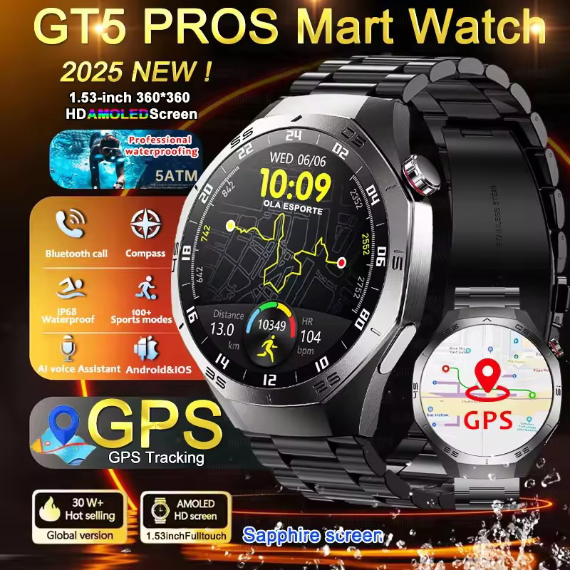 Smartwatch Watches Best Gift For Men - Yuvarlak GPS Akıllı Saat Su Geçirmez